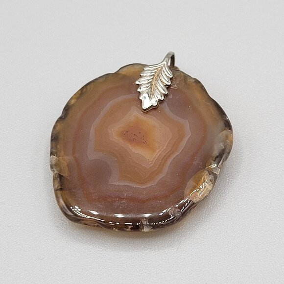 Large Brown Agate Slice Pendant Natural Pattern Silver Tone Necklace Craft - Picture 5 of 7